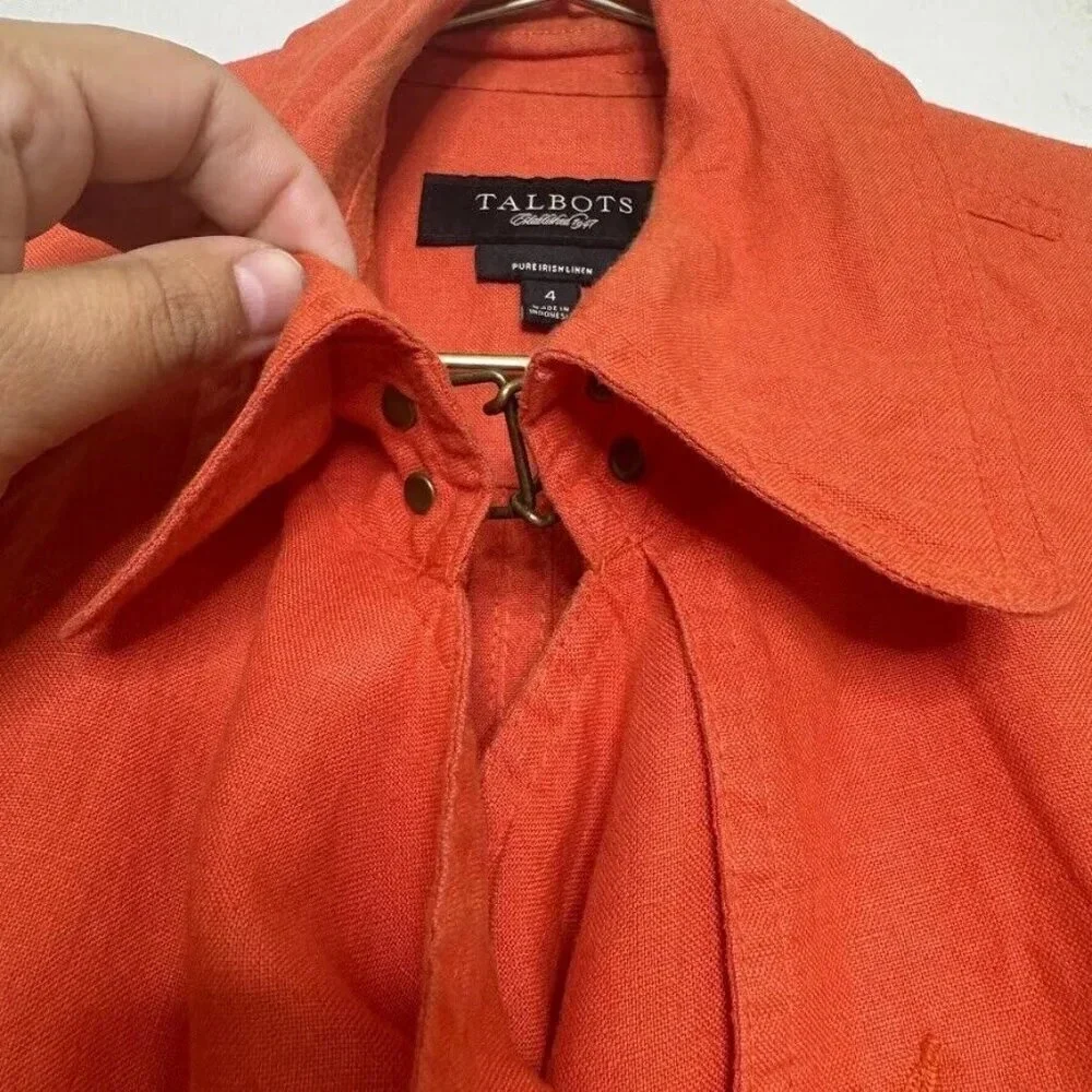 Talbots Orange Irish Linen Trench Coat Button Belted Summer Spring Jacket Sz 4P